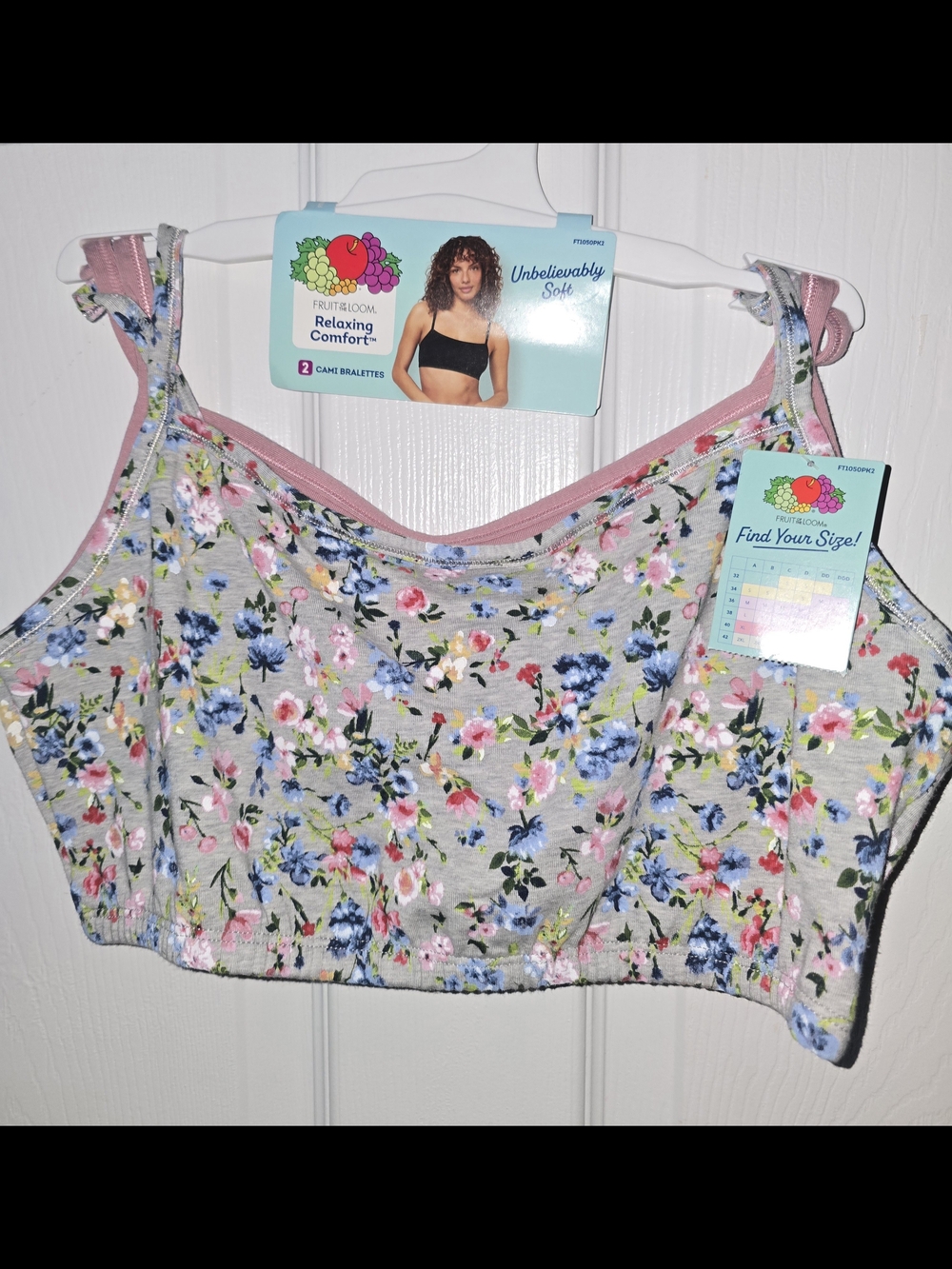 Fruit of the Loom Pink-Trim Floral Bralette on Gray